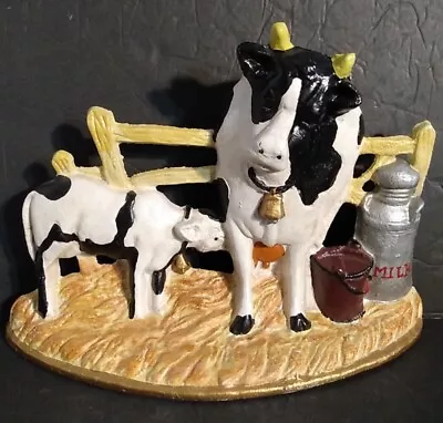 Vintage Cast Iron Cow With Calf Farmhouse Doorstop 11  Long 7.75  Tall 3lb 10oz • $16