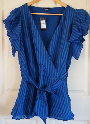 City Chic Wrap Top Plus Size 18 / M Evoke Blue Stripe Top Crossover Blouse • $24.99