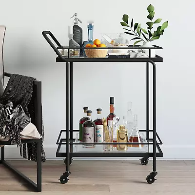 Sally Rolling Bar Or Cart For Tea Or Cocktail 2-Tiered Glass And Metal Black • $246.86