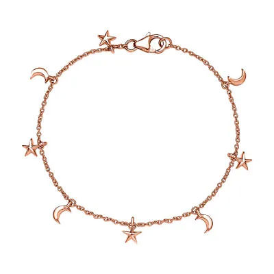 Silver Star Moon Charm Bracelet In Rose Gold Over 925 Sterling Size 7.5 Inches • £27.99