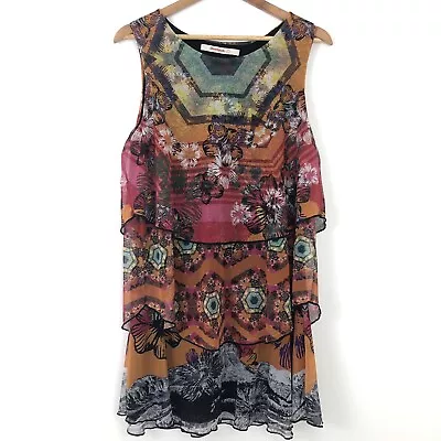 Desigual Floral Sleeveless Mini Dress Size L Layered Tiered Stretchy Multicolour • $35