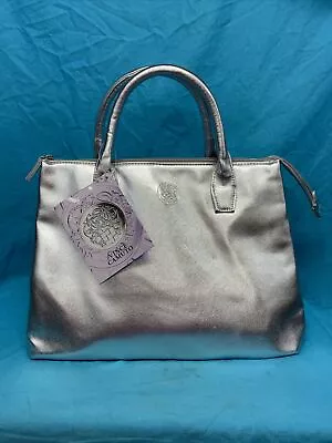 Vince Camuto Silver Metallic Vinyl Zip Top Tote Purple Lining New Handbag Purse • $20