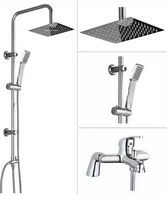 £21.95 • Buy Shower Kit Twin Head Chrome Square Fixed Head Riser Rail With Bath Mixer Tap Set