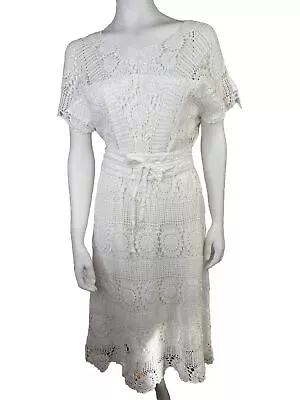 Vintage Handmade White Crochet Dress Casual Beach Wedding Prairie Medium 6 Read • $139.95