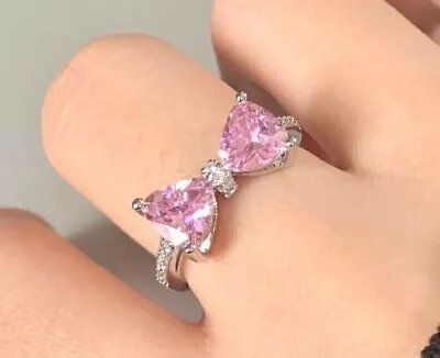 2 Ct Trillion Lab Created Pink Sapphire 14k White Gold Plated Bow Wedding Ring • $154.99