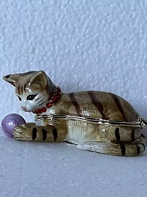 Cat Playing Ball Trinket Box. Hand Made Swarovski Crystals & Enamel Brown • $44.99