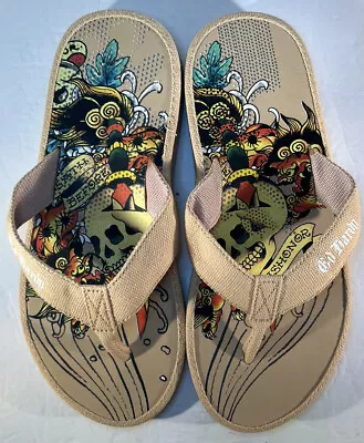 ED HARDY Death Before Dishonor  Brown Sandals Flip Flops Slides. Men's Size 8 • $20