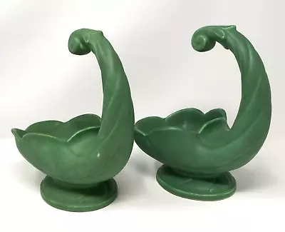 Vintage Monmouth Pottery Cornucopia Vases Planters Green Matte 10  Set Of 2 • $122