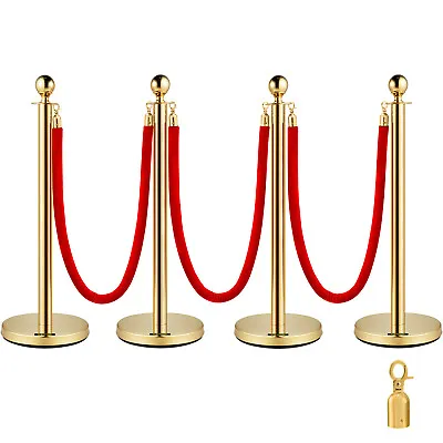 4PCS Gold Stanchion Posts Queue Pole With 3 Velvet Ropes Crowd Control Barrier • $89.99