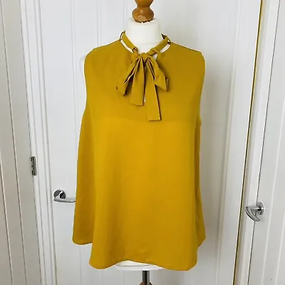 MISSTRUTH Gold Mustard Sleeveless Blouse Top With Tie Neckline - Size 14 • £8