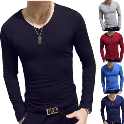 Mens V-Neck Slim Fit T-shirt Long Sleeve Undershirt Gym Muscle Tee Tops Pullover • $11.95