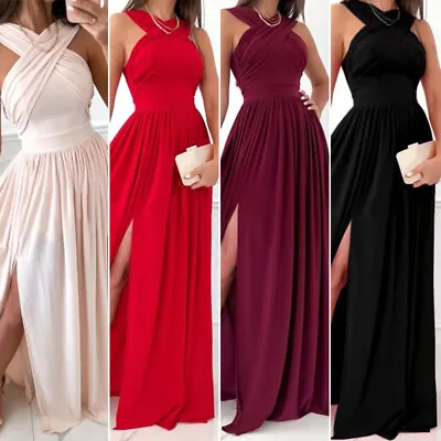 Ladies Ball Gown Bridesmaid Dresses Women Evening Party Pleated Long Maxi Dress • £24.91