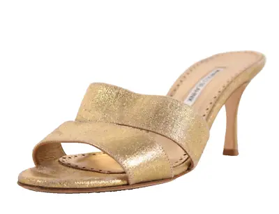 MANOLO BLAHNIK Metallic Gold Canvas Slides High-Heels Sandals 39.5 • $148