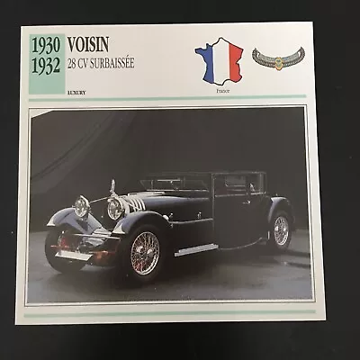 Voisin 28 V Surbaissee 1930-1932 Spec Sheet Info Card • $6.99