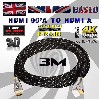 90° DEGREE PREMIUM BRAIDED HDMI CABLE/LEAD V1.4 / ETHERNET/3D/4K X 2K (3 METRES) • £7.98