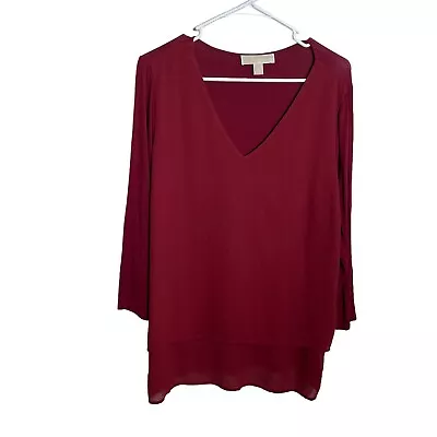 Michael Kors Blouse Women's Large Red V-Neck 3/4 Sleeve Shirt • $6.75