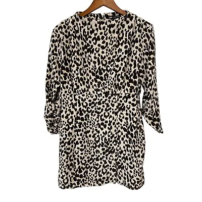 Zara Leopard Print Tunic Dress Womens L Black White Ruched Sleeve Sexy Chic • $23.99