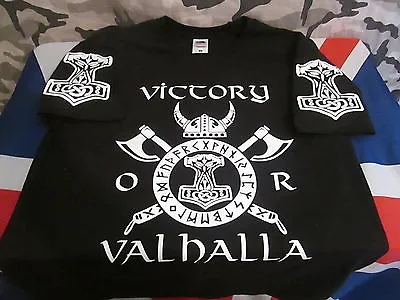 Viking Helmet Mjolnir Victory Or Valhalla T Shirt   . Black • $20.15