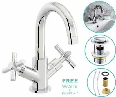 £19.95 • Buy Modern Cross Head Bathroom Sink Basin Brass Chrome Mono Basin Mixer Tap & Waste