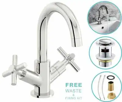 £24.95 • Buy Modern Cross Head Bathroom Sink/Basin Brass Chrome Mono Basin Mixer Tap & Waste