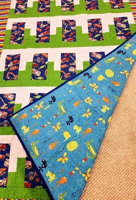 Handmade Twin Quilt 48 X 70 Green Blue White With Car Trucks Machine Fish Design • $28.99