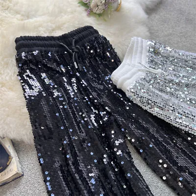 Women Sequin Glitter Pants Trousers Straight Wide Leg Elastic Waist Loose • $22.36