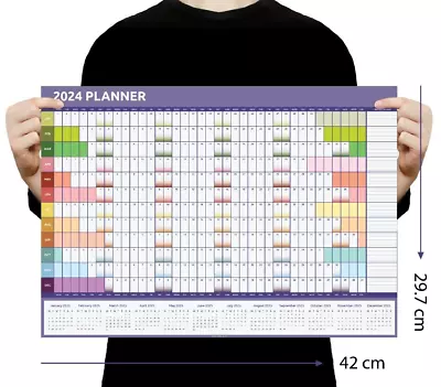 2024 A3 Size Coloured Year Wall Planner Calendar Home Office Work 30cmx42cm • £2.99