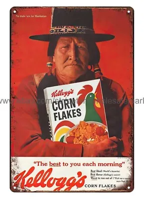 1962 Kellogg's Corn Flakes Cereal Native Americanmetal Tin Sign Cafe Farm Shop • £18.27