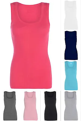 Women's Plain Ribbed Stretchy Gym Rib Vest Ladies Top T Shirt Casual Tee • £4.25