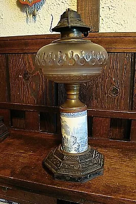 Vintage Delft Porcelain Stem Brass & Glass Oil Lamp • $74.99