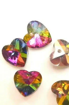 15 Rainbow Heart Crystal Beads 14mm RAINBOW AB LUSTRE Silver Back Reflects Well • £4.49