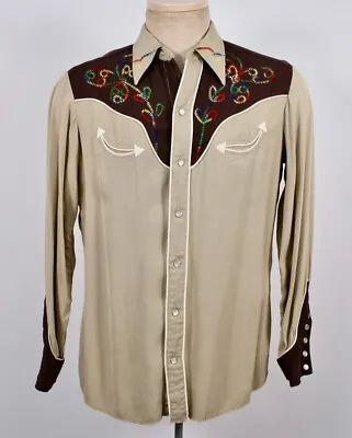 Men's VTG 50s Beige & Brown Pearl Snap H Bar C Embroidered Western Shirt M 1950s • $159.99