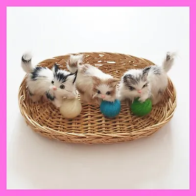 Artisan Real Genuine Rabbit Fur Animals Figurine Kittens Cat Yarn Ball In Wicker • $9.90