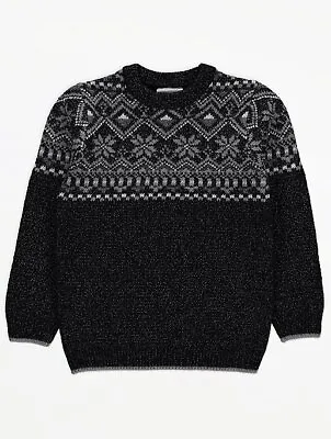 Boys Christmas Fair Isle Jumper George Black Thick Knit Cosy Warm Winter Jersey • £7.95