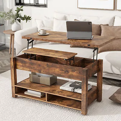 Coffee Table Lift Tabletop Multi-Functional Open Shelves Modern  Dining Brown • $182.51