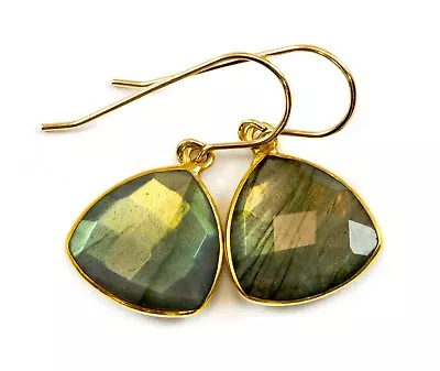 Labradorite Earrings Natural Blue Bezel Triangle Simple Drops 14k Solid Gold • $41