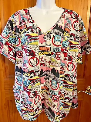 Marvel Comics Iron Man Spider-Man Captain America 3 Pocket Scrub Top 2XL • $15