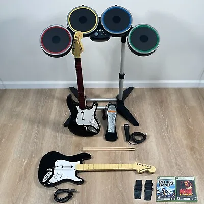 $399.99 • Buy Xbox 360 Rock Band Drums 2 Guitars GAMES Complete Band BUNDLE Rockband Kit