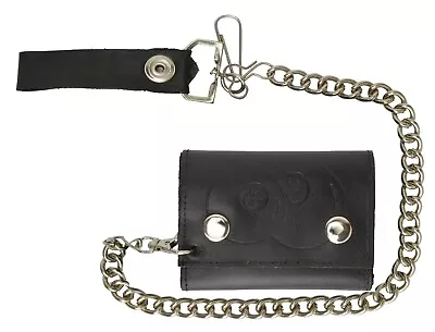 TriFold Black Leather Wallet W/Chain Double Eightball Imprint • $11