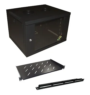 6u 450mm Deep WALL MOUNT 19  CABINET + 24 Port CAT5E PANEL + 250mm 1U SHELF • £112.05