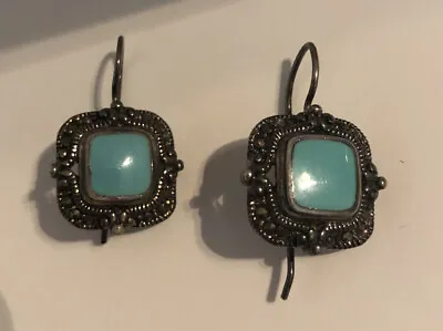 Vtg Earrings MARKED C^A 925 STERLING SILVER Pierced Hook Turquoise Marcasite • $14.99