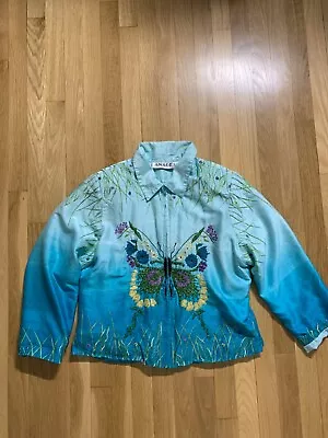 ANAGE 100%Silk Vintage Embroidery Buterfly Full Zip Jacket Size L • $20.95