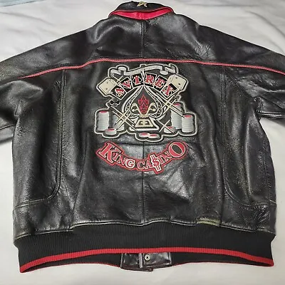 90s AVIREX KING CASINO All Leather Stadium Jacket Leather Cards Vintage Bomber • $260