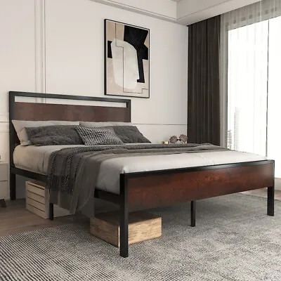 Sifurni Queen Size Platform Bed Frame With Wood Headboard &Footboard Mahogany • $165.99