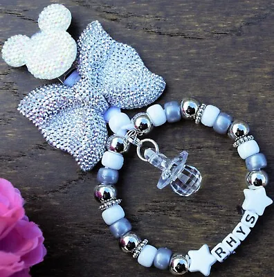 Personalised Pram Charm In Silver Bow Grey Beads Baby Girls Boys • £6.99