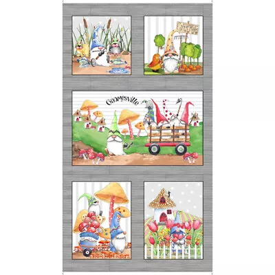 Gnomesville Garden Gnome Flowers Scenes Gray Cotton Fabric QT 24 X44  Panel • £8.63