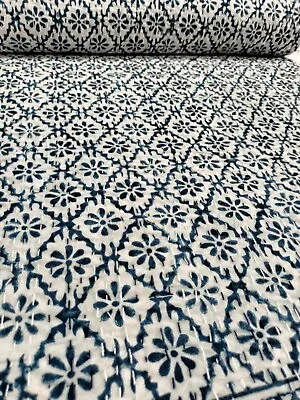 Indian Block Print Kantha Quilt Handmade Cotton King Size Bedspread Blanket Thro • £71.99