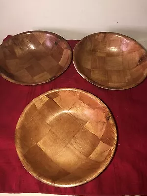 Vintage Lot 3 Pressed Wood Bamboo Patchwork Style Round 7.75” Servings Bowls • $9.99