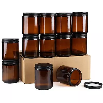 12 Pack Amber Glass Jars 8 Oz Thick Amber Round Glass Jars With Black Metal... • $31.90