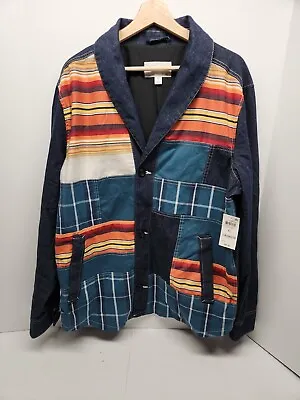 Sun + Stone Southwestern Indian Aztec Tribal Serape Patchwork Denim Shawl Jacket • $39.99